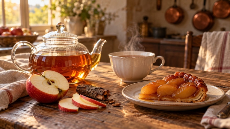 A glass teapot of amber apple tea and a steaming cup beside a halved red apple, apple slices and a slice of tarte Tatin on a wooden table.