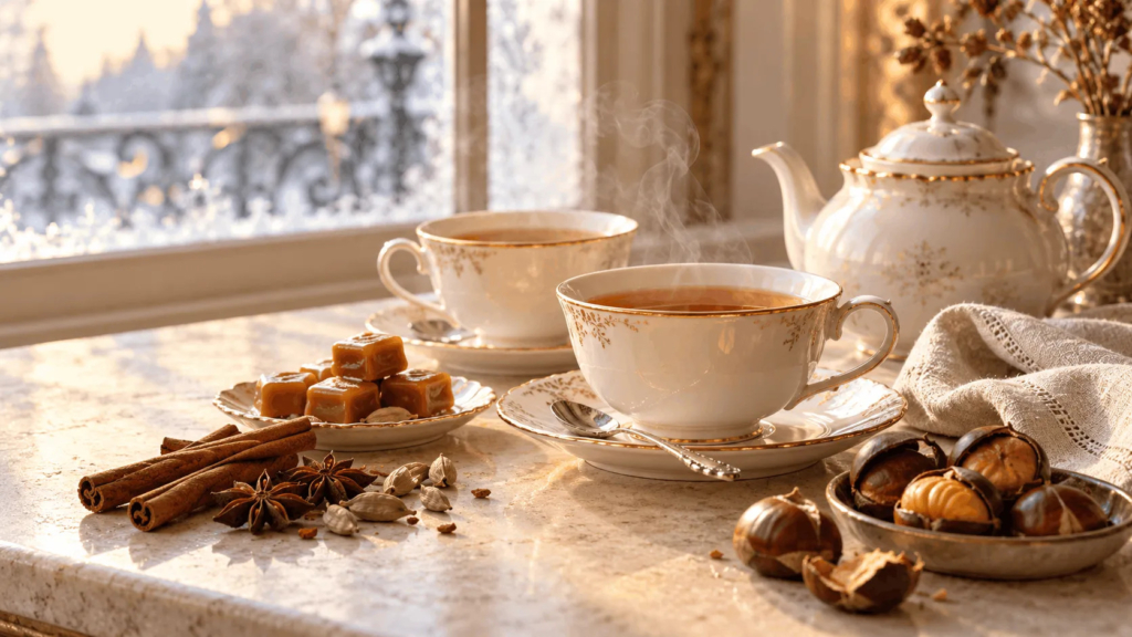 Steaming cups of amber tea beside cinnamon, caramel and roasted chestnuts in a sunlit French winter tea setting.