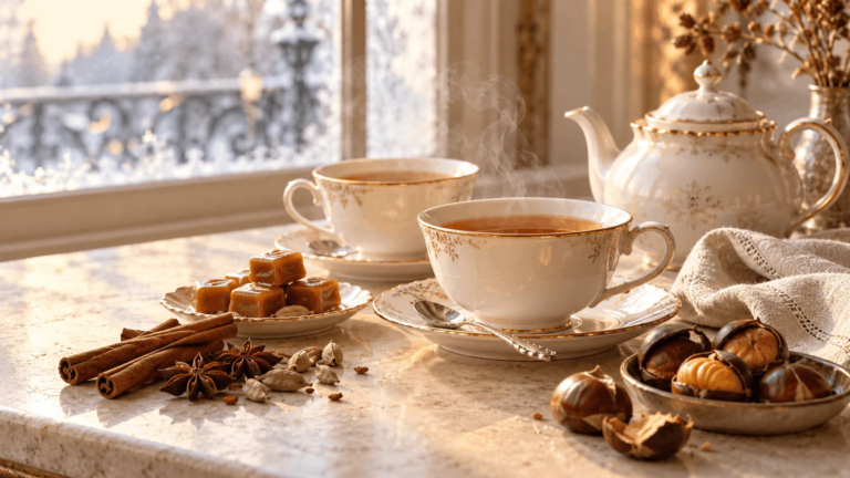 Steaming cups of amber tea beside cinnamon, caramel and roasted chestnuts in a sunlit French winter tea setting.
